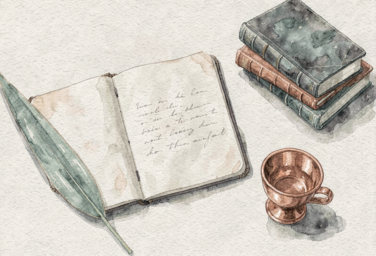 Watercolor still life: an open notebook with faint handwriting, a stack of cloth-bound books, a dried agave leaf, and a small copper cup on a limestone surface.